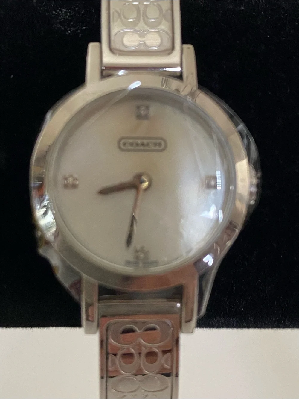 Coach Signature 0277 Silver Bangle Watch with Crystals and Mother-of-Pearl Dial